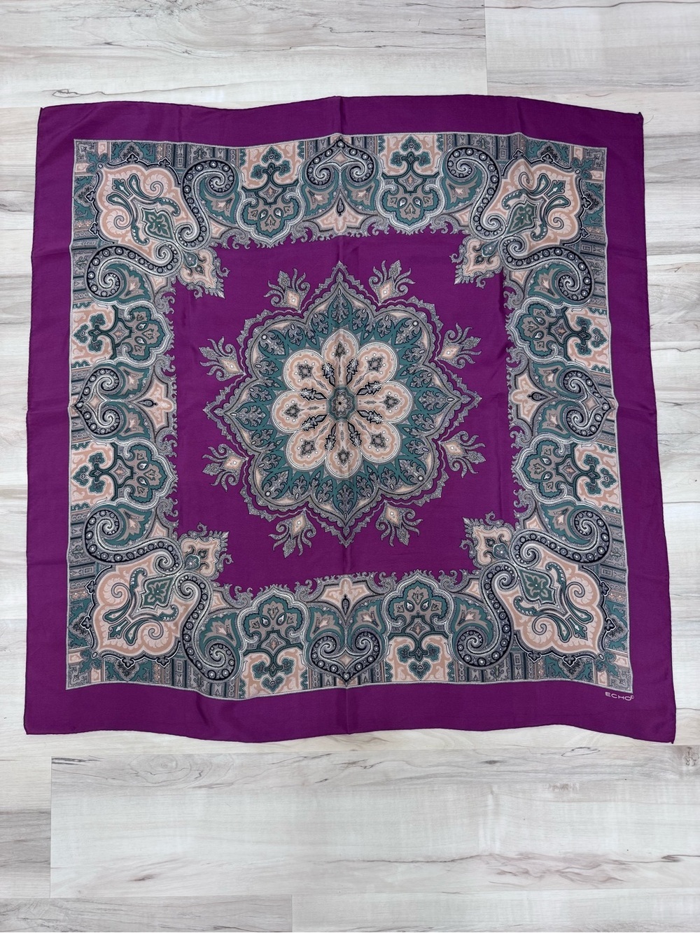 Echo Vintage Paisley Scarf maroon red with green and neutral tones 34x34 square